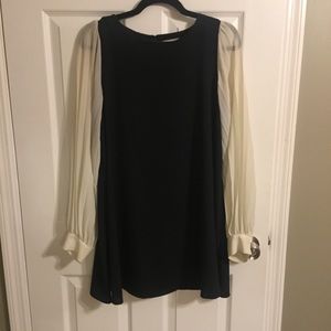 Long Sleeve Dress Navy With Cream Pleated Sleeves